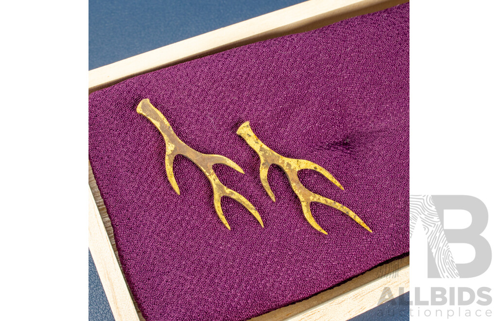Pair of Edo Period Gold Plated Menuki in Original Paulownia Box