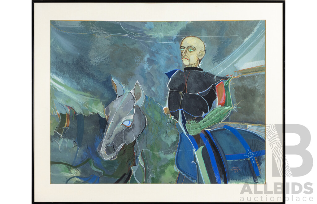 Jacek Sowicki (20th Century, Polish, 1948-2021), Horseman [Jezdziec], Original Signed & Dated Acrylic and Mixed Media on Heavy Paper, 58H x 72W cm (frame)