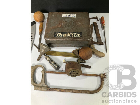 Collection of Vintage Tools Including Makita Jigsaw, Hacksaws, Screwdrivers, Machete, Boston Pencil Sharpener, Timber Juggling Balls