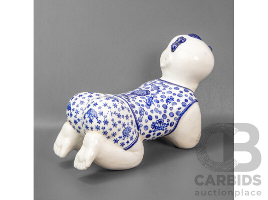 Vintage Chinese Blue and White Ceramic Crawling Baby Statue