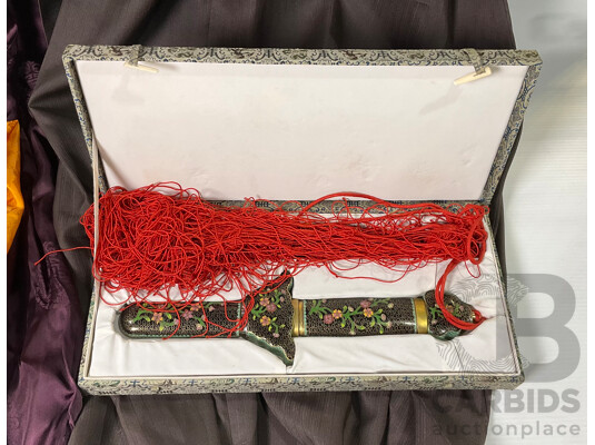 Collection Traditional Asian Dresses and Cloisonné Decorative Floral Sword