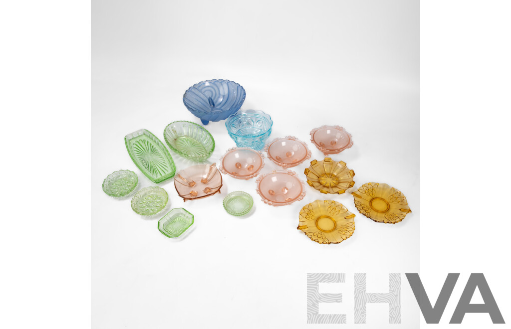 Collection of Vintage Depression Glass Bowls and Dishes Including Crown Crystal