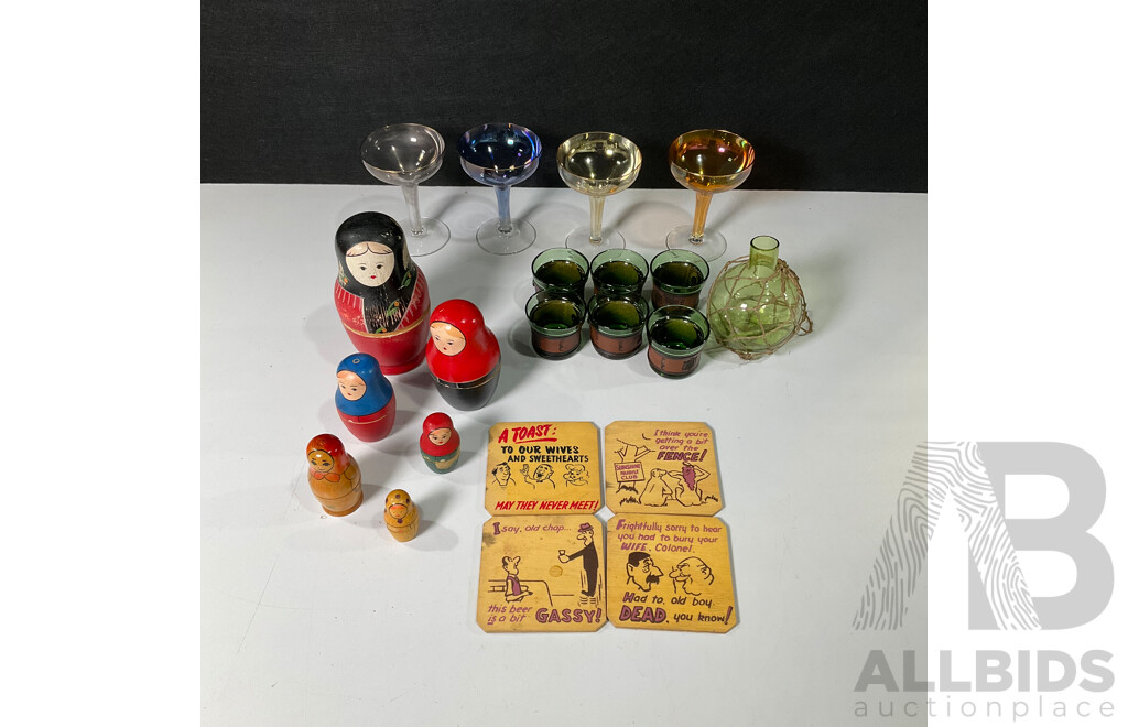 Mid Century Gempo Giftware Leather Bound Cup Set, Pearlescent Gilt Rim Wine Glasses, Babushka Dolls, Vintage Bottles