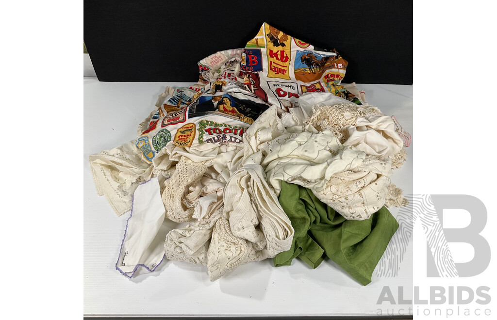 Box of Vintage Doilies, Table Cloths, Embroidered Fabrics and More