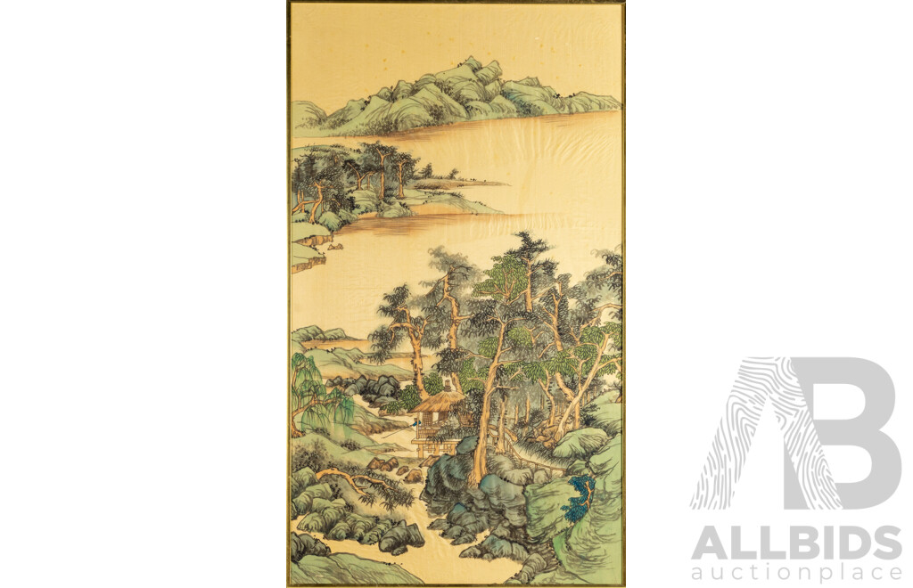 Artist Unknown (20th Century, Asian School), Pavilion by Tranquil River, Tradition Vintage Shan Shui Ink & Wash on Silk Panel, 92H x 53W cm (frame)
