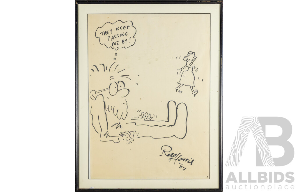 Rolf Harris (20th Century, Australian, 1920-2023), They Keep Passing Me by (1987), Vintage Reproduction of Original Pen Sketch, 92H x 72W cm (frame)