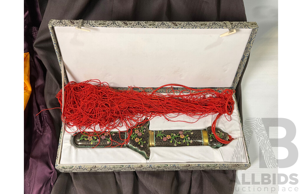 Collection Traditional Asian Dresses and Cloisonné Decorative Floral Sword