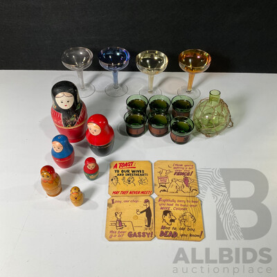 Mid Century Gempo Giftware Leather Bound Cup Set, Pearlescent Gilt Rim Wine Glasses, Babushka Dolls, Vintage Bottles