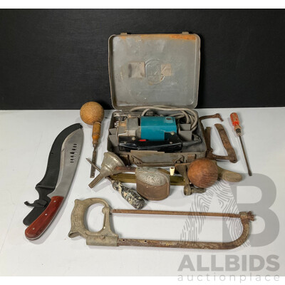 Collection of Vintage Tools Including Makita Jigsaw, Hacksaws, Screwdrivers, Machete, Boston Pencil Sharpener, Timber Juggling Balls