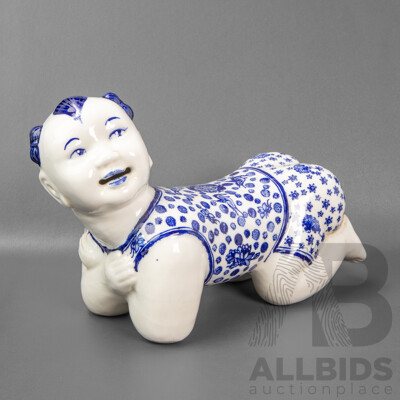 Vintage Chinese Blue and White Ceramic Crawling Baby Statue