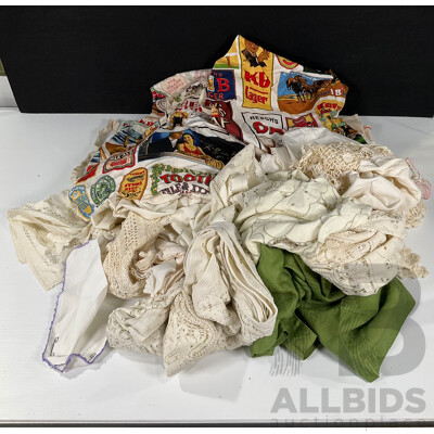 Box of Vintage Doilies, Table Cloths, Embroidered Fabrics and More