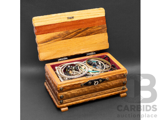 1662709 · Collection of Gold & Silver Tone Costume Jewellery in Handmade Wooden Jewellery Box