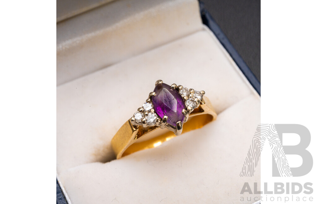 18ct Yellow Gold Ring with Amethyst & Diamonds - Size R.5