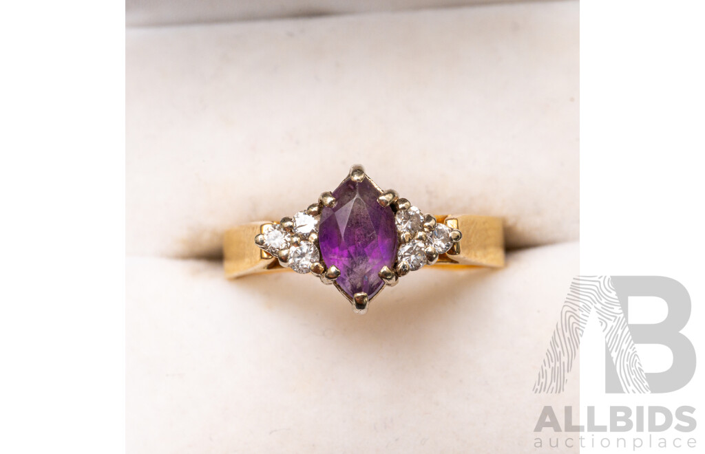 18ct Yellow Gold Ring with Amethyst & Diamonds - Size R.5