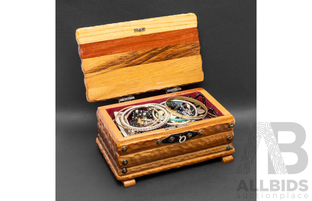 Collection of Gold & Silver Tone Costume Jewellery in Handmade Wooden Jewellery Box