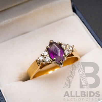 18ct Yellow Gold Ring with Amethyst & Diamonds - Size R.5