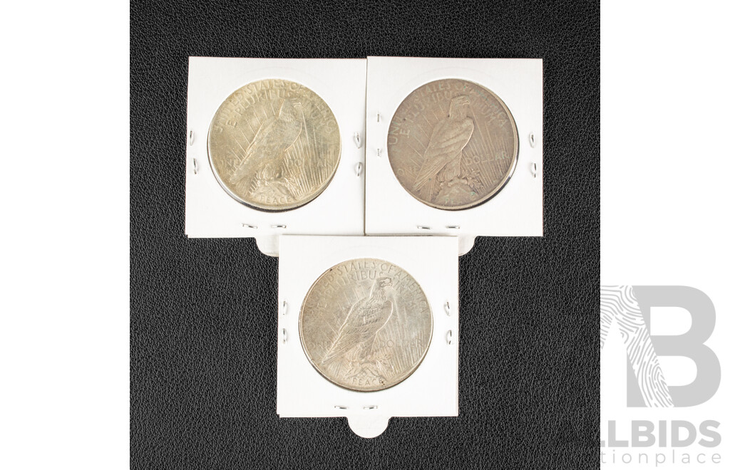 Three USA Silver Peace Dollars Including 1922, 1923, 1924 .900