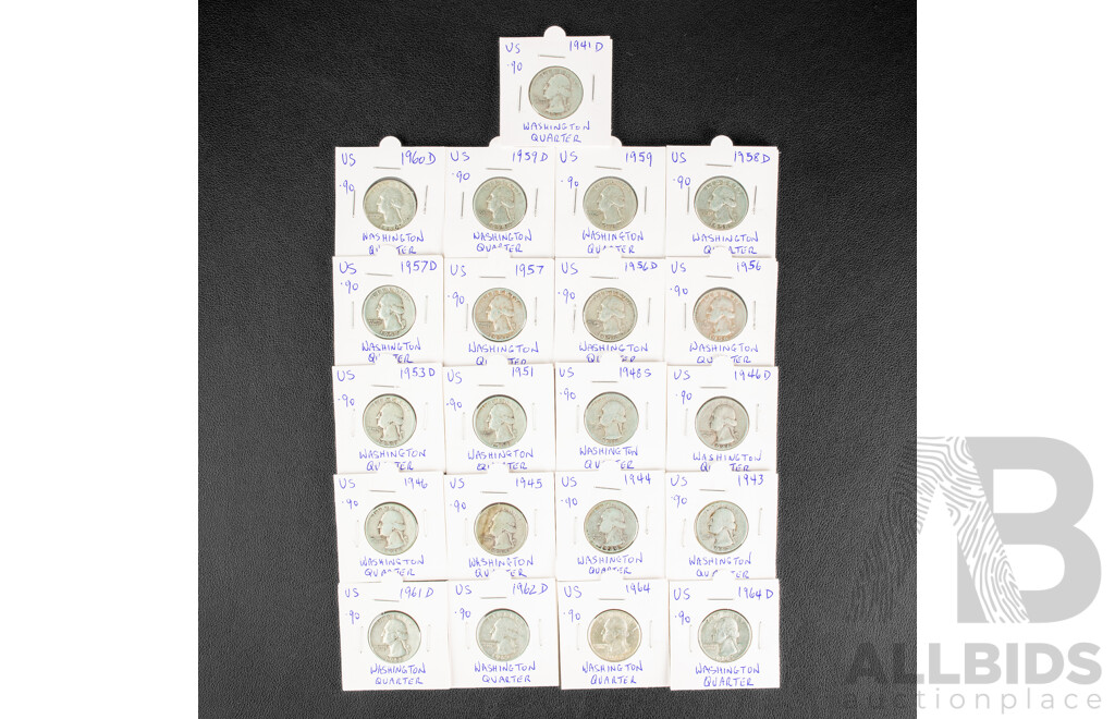 Twenty USA Silver Quarters Including 1941D, 1943, 1944, 1945, 1946, 1946D,, 1948S, 1951, 1953D, 1956, 1956D, 1957, 1957D, 1958D, 1959, 1959D, 1960D, 1961, 1962D, 1964, 1964D .900