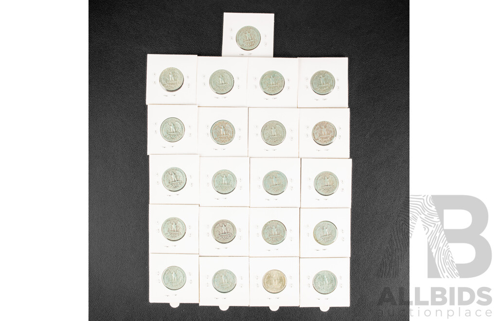 Twenty USA Silver Quarters Including 1941D, 1943, 1944, 1945, 1946, 1946D,, 1948S, 1951, 1953D, 1956, 1956D, 1957, 1957D, 1958D, 1959, 1959D, 1960D, 1961, 1962D, 1964, 1964D .900