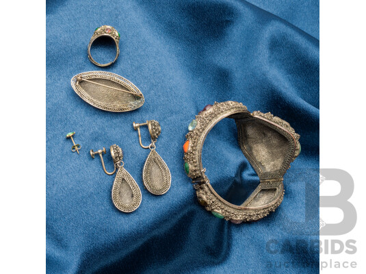 Collection of Vintage Chinese Jewellery Including Bangle, Ring, Earrings & Brooch with Multi Colour Gemstones