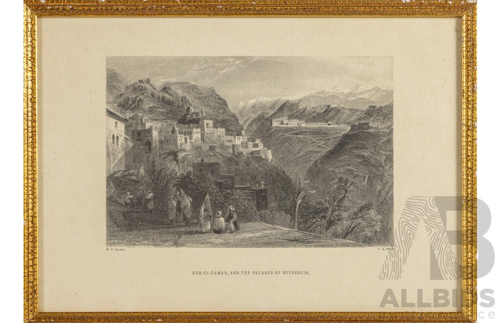 Der-El-Kamar, and the Palaces of Bettedien, Original Antique Steel Engraving, 37 W x 26 H cm (frame)