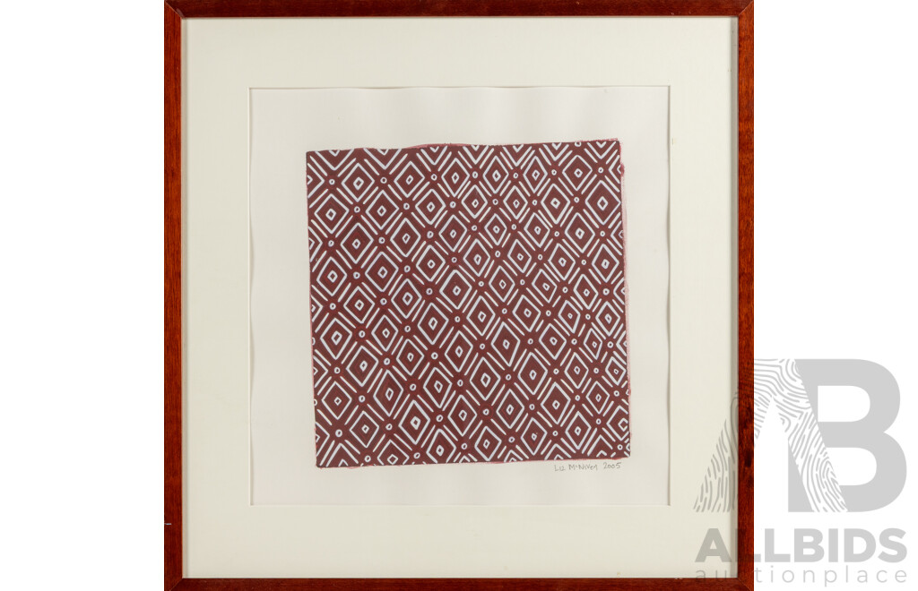 Liz McNiven (Budjiti), (20th Century, Indigenous-Australian, 1963-), Patterns on the Landscape (2005), Original Linocut, Printed Red-Brown Ink, From One Block; Hand Coloured in White Pantone Pen, 56 W x 57 H cm (frame)