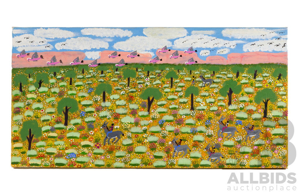 Marie Shilling, (20th Century, Indigenous-Australian, Working c2000s), Donkey Trail with Galahs, Original Acrylic on Linen, 61 W x 31 H cm