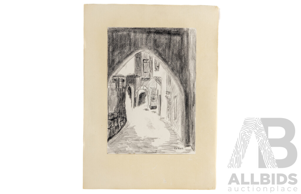 Rudall (20th Century), Arch of the Old Quarter, Original Pencili & Charcoal Sketch, 43H x 32W cm (mat Board)