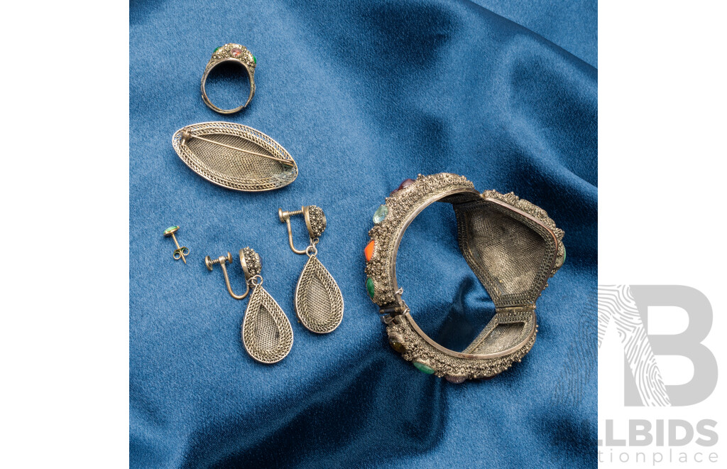 Collection of Vintage Chinese Jewellery Including Bangle, Ring, Earrings & Brooch with Multi Colour Gemstones