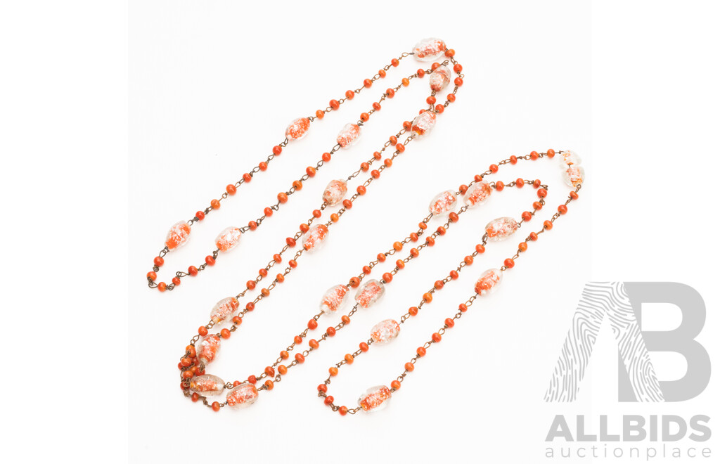 Vintage Carnelian & Venetian Glass Long Strand Necklace. Length - 146cms
