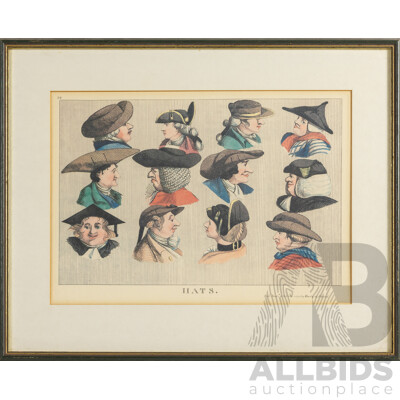 Matthew Darly, (18th Century, British, C1720-1781), Hats, Antique Hand Coloured Engraving on Laid Paper, 39 X 48 Cm (frame)
