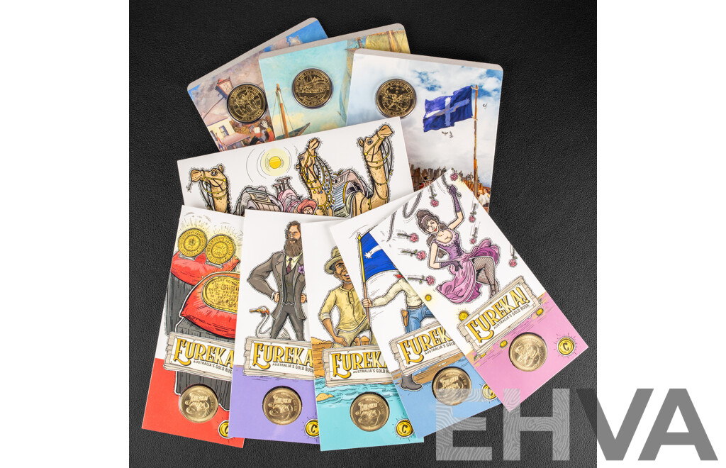 Twelve Australian RAM UNC Commemorative One Dollar Coins Including 2019 Rum Rebellion, Mutiny on the Bounty, Eureka Stockade, 2020 Eureka- Australia's Gold Rush C Mintmark Set and C, B, M, S Privy Mark Set