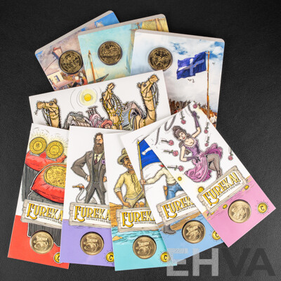 Twelve Australian RAM UNC Commemorative One Dollar Coins Including 2019 Rum Rebellion, Mutiny on the Bounty, Eureka Stockade, 2020 Eureka- Australia's Gold Rush C Mintmark Set and C, B, M, S Privy Mark Set