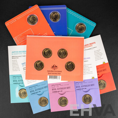 Twelve Australian RAM UNC Commemorative One Dollar Coins Including 2019 Rum Rebellion, Mutiny on the Bounty, Eureka Stockade, 2020 Eureka- Australia's Gold Rush C Mintmark Set and C, B, M, S Privy Mark Set
