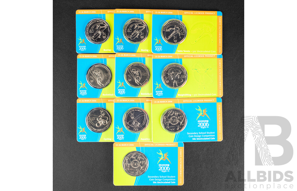 Ten Australian RAM 2006 UNC Fifty Cent Coins, 2006 Commonwealth Games Cycling, Basketball(2), Student Design(2) Weight Lifting, Table Tennis, Aquatics, Boxing(2)