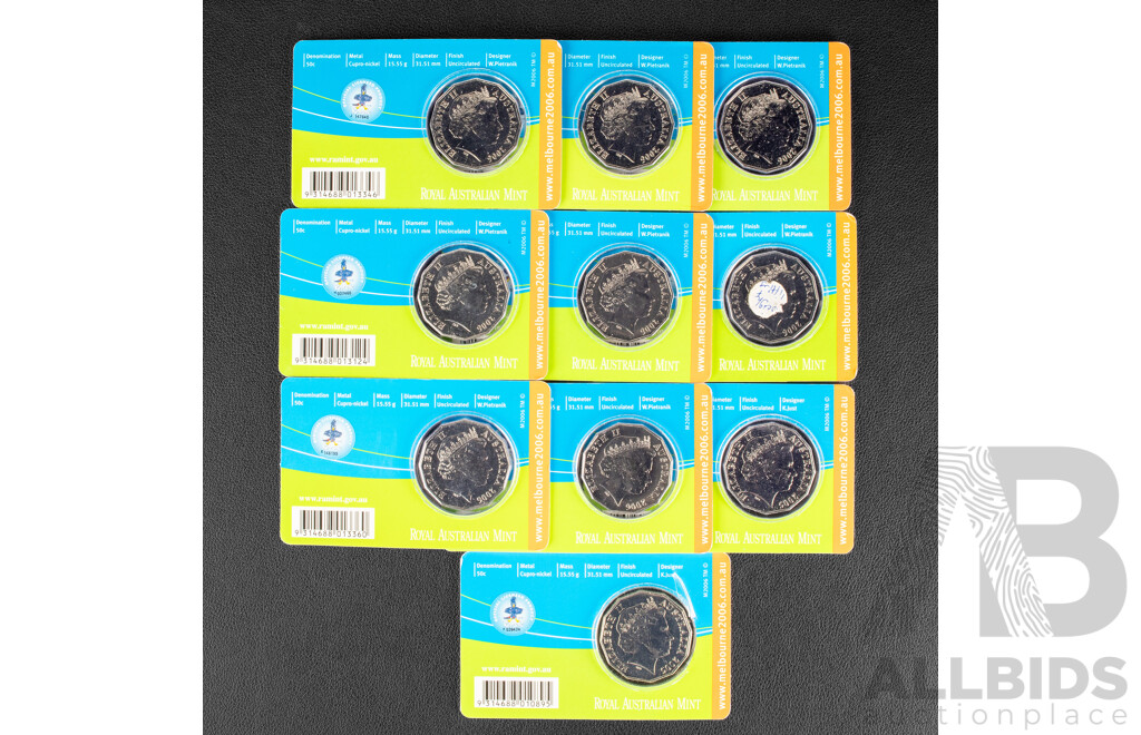 Ten Australian RAM 2006 UNC Fifty Cent Coins, 2006 Commonwealth Games Cycling, Basketball(2), Student Design(2) Weight Lifting, Table Tennis, Aquatics, Boxing(2)
