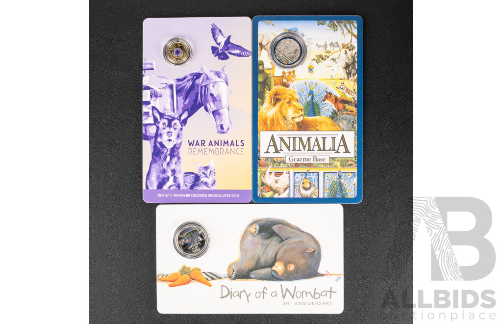 Three Australian Commemorative UNC Coins Including 2021 Coloured Twenty Cent, Animalia, 2022 Coloured Twenty Cent, Diary of a Wombat, 2024 Coloured Two Dollar, War Animal Remembrance