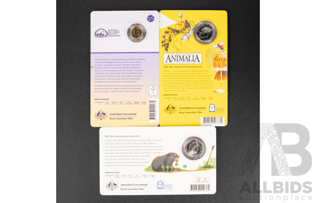 Three Australian Commemorative UNC Coins Including 2021 Coloured Twenty Cent, Animalia, 2022 Coloured Twenty Cent, Diary of a Wombat, 2024 Coloured Two Dollar, War Animal Remembrance