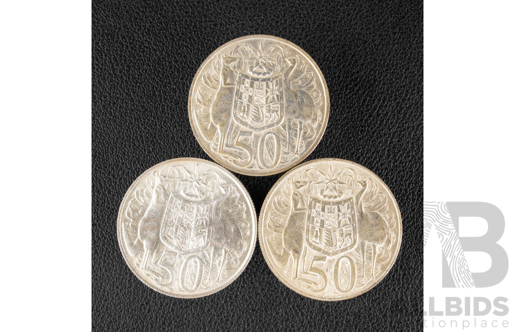 Three Australian 1966 Round Silver Fifty Cent Coins .800