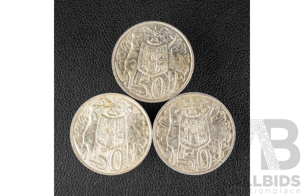 Three Australian 1966 Round Silver Fifty Cent Coins .800
