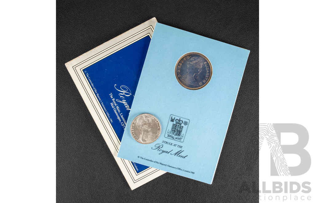 Australian 1966 Round Silver Fifty Cent Coin with Two United Kingdom UNC Crowns Including 1980 Queen Mother 80th Birthday and 1981 Charles and Diana