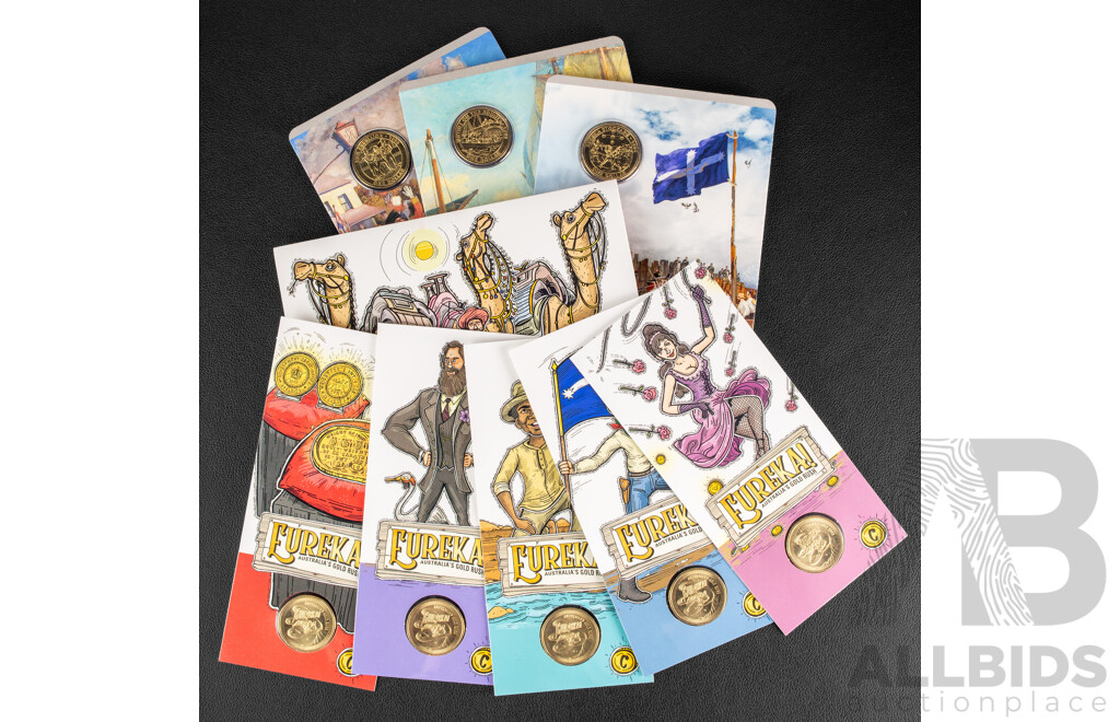 Twelve Australian RAM UNC Commemorative One Dollar Coins Including 2019 Rum Rebellion, Mutiny on the Bounty, Eureka Stockade, 2020 Eureka- Australia's Gold Rush C Mintmark Set and C, B, M, S Privy Mark Set