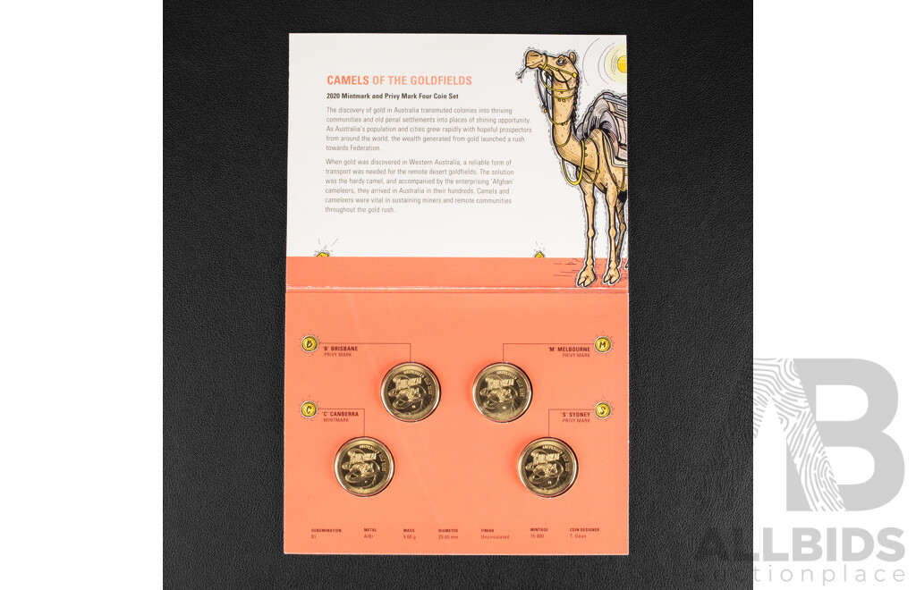 Twelve Australian RAM UNC Commemorative One Dollar Coins Including 2019 Rum Rebellion, Mutiny on the Bounty, Eureka Stockade, 2020 Eureka- Australia's Gold Rush C Mintmark Set and C, B, M, S Privy Mark Set