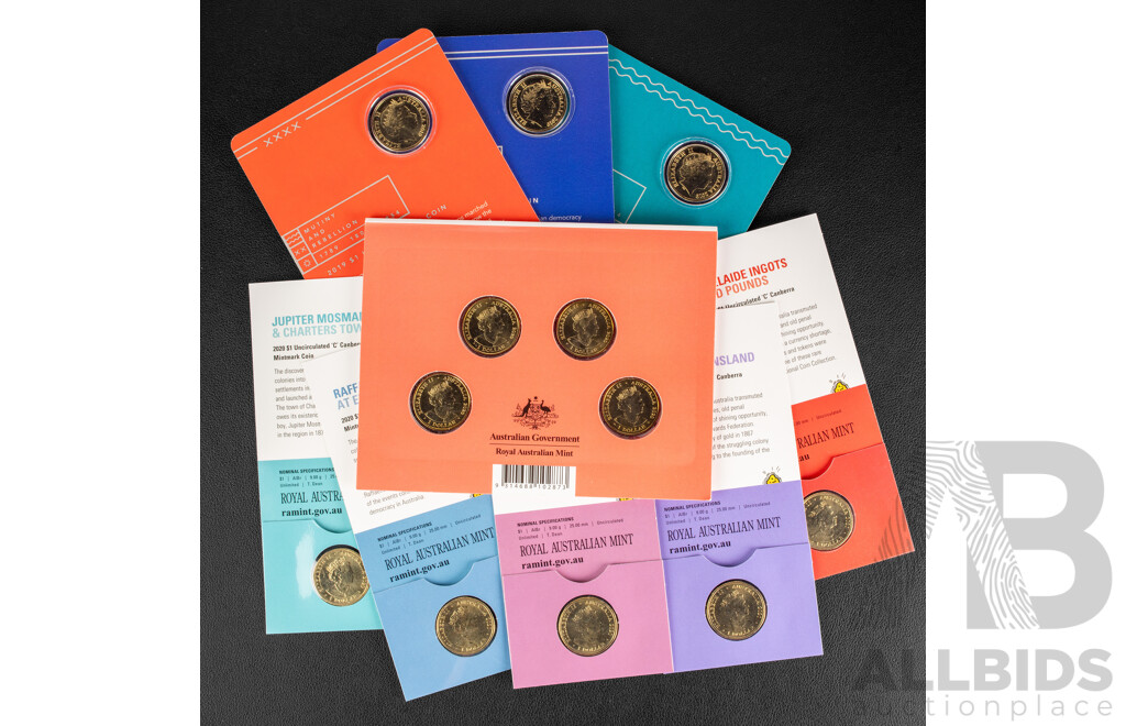 Twelve Australian RAM UNC Commemorative One Dollar Coins Including 2019 Rum Rebellion, Mutiny on the Bounty, Eureka Stockade, 2020 Eureka- Australia's Gold Rush C Mintmark Set and C, B, M, S Privy Mark Set