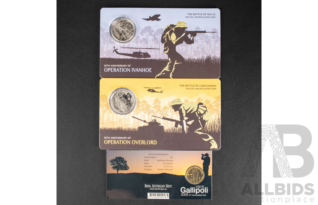 Three Australian RAM War Themed Commemorative Coins Including Two 2021 Fifty Cents, Battle of Long Khanh, Battle of Nui Le and 2005 One Dollar, Gallipoli G Mintmark