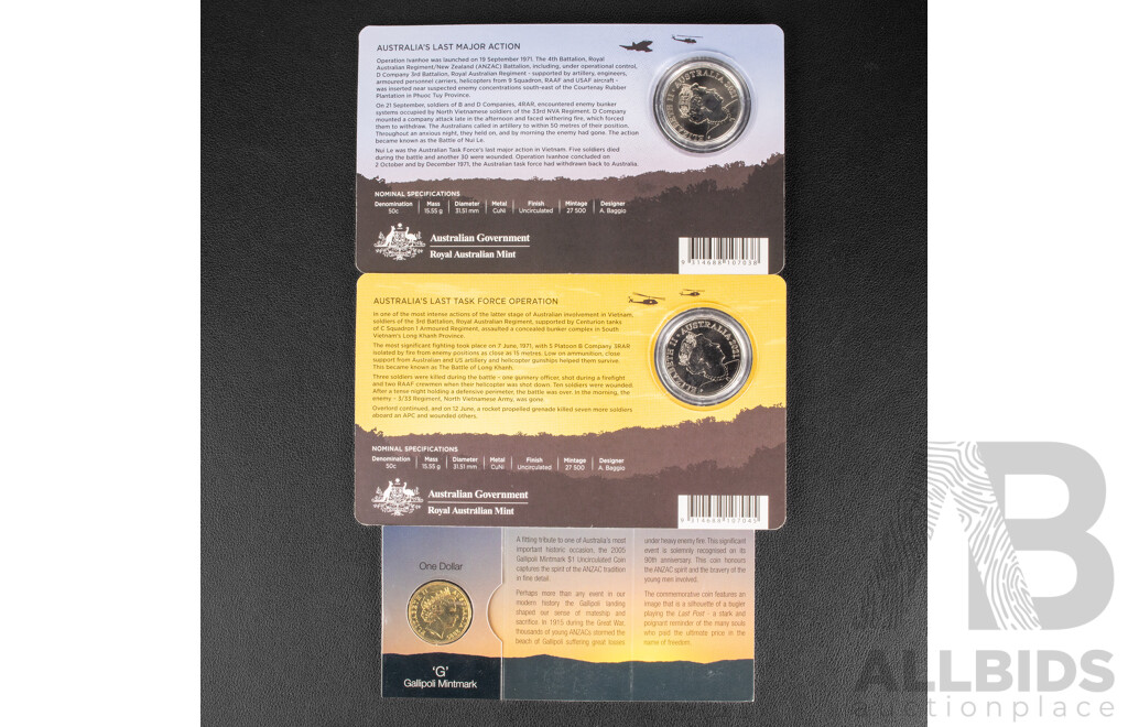 Three Australian RAM War Themed Commemorative Coins Including Two 2021 Fifty Cents, Battle of Long Khanh, Battle of Nui Le and 2005 One Dollar, Gallipoli G Mintmark