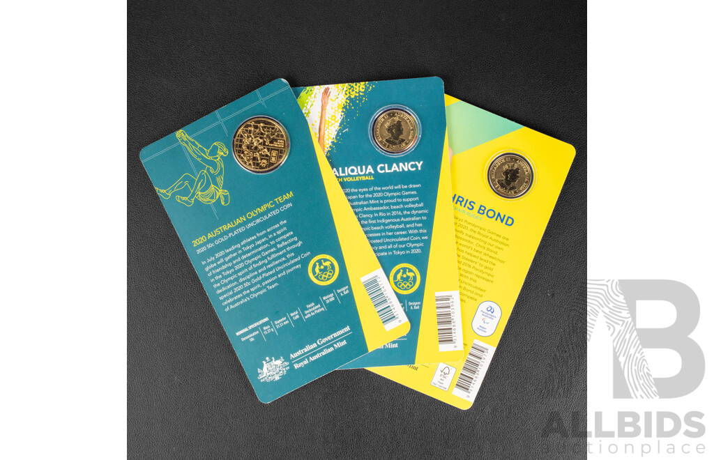 Three Australian RAM 2020 Commemorative Coins Including Gold Plated Fifty Cent, Australian Olympic Team, Two One Dollars, Beach Volley Ball and Wheelchair Rugby