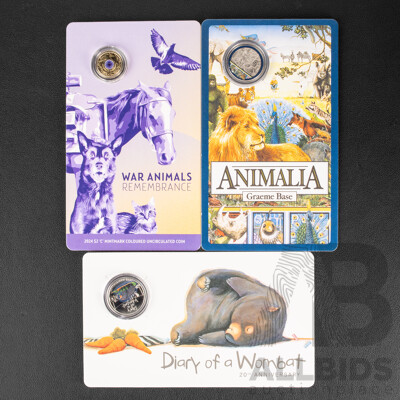 Three Australian Commemorative UNC Coins Including 2021 Coloured Twenty Cent, Animalia, 2022 Coloured Twenty Cent, Diary of a Wombat, 2024 Coloured Two Dollar, War Animal Remembrance