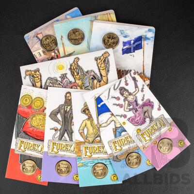 Twelve Australian RAM UNC Commemorative One Dollar Coins Including 2019 Rum Rebellion, Mutiny on the Bounty, Eureka Stockade, 2020 Eureka- Australia's Gold Rush C Mintmark Set and C, B, M, S Privy Mark Set