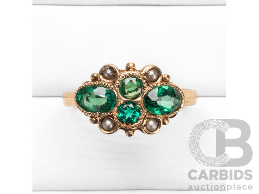 Vintage 9ct Yellow Gold, Lab Emeralds & Cultured Pearl Dress Ring - Size P.5